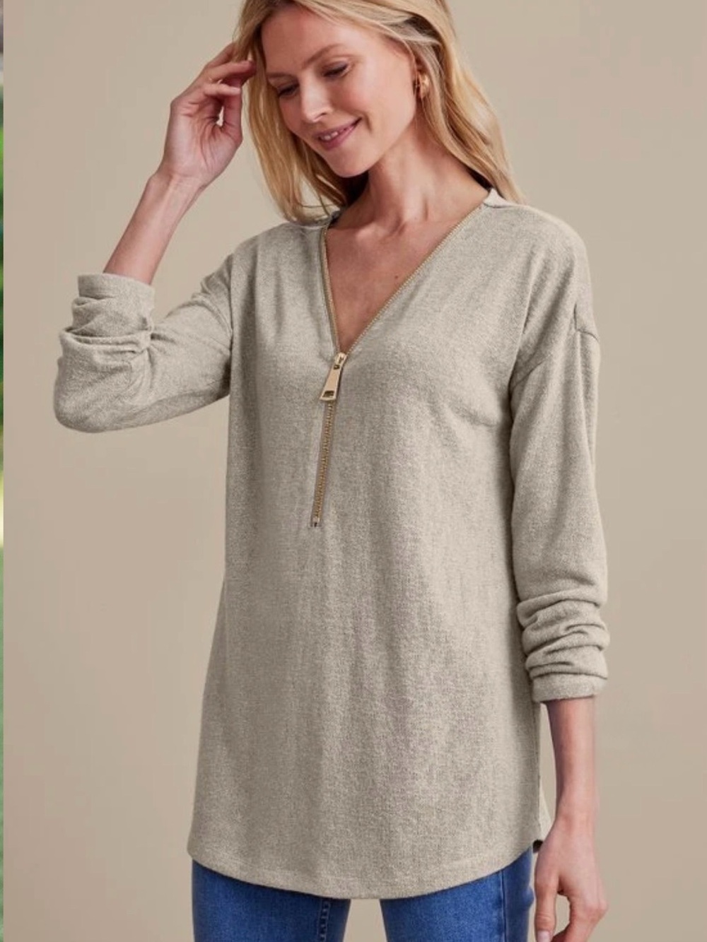 Soft Surroundings 1X Women’s Light Taupe Beige Gold Zip-Front Knit Pullover Top